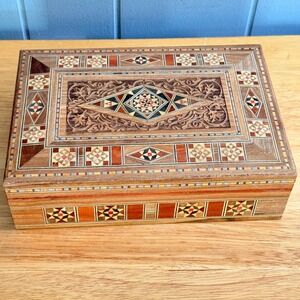 Arabian Mosaic Wooden Jewelry Trinket Box Marquetry Ornament Handmade Inlaid